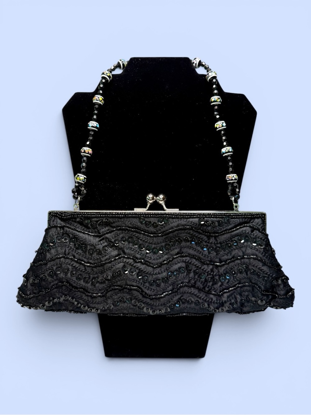VTG Black Beaded Sequined Evening Clutch Purse Kiss Lock Art Glass Bead Handle